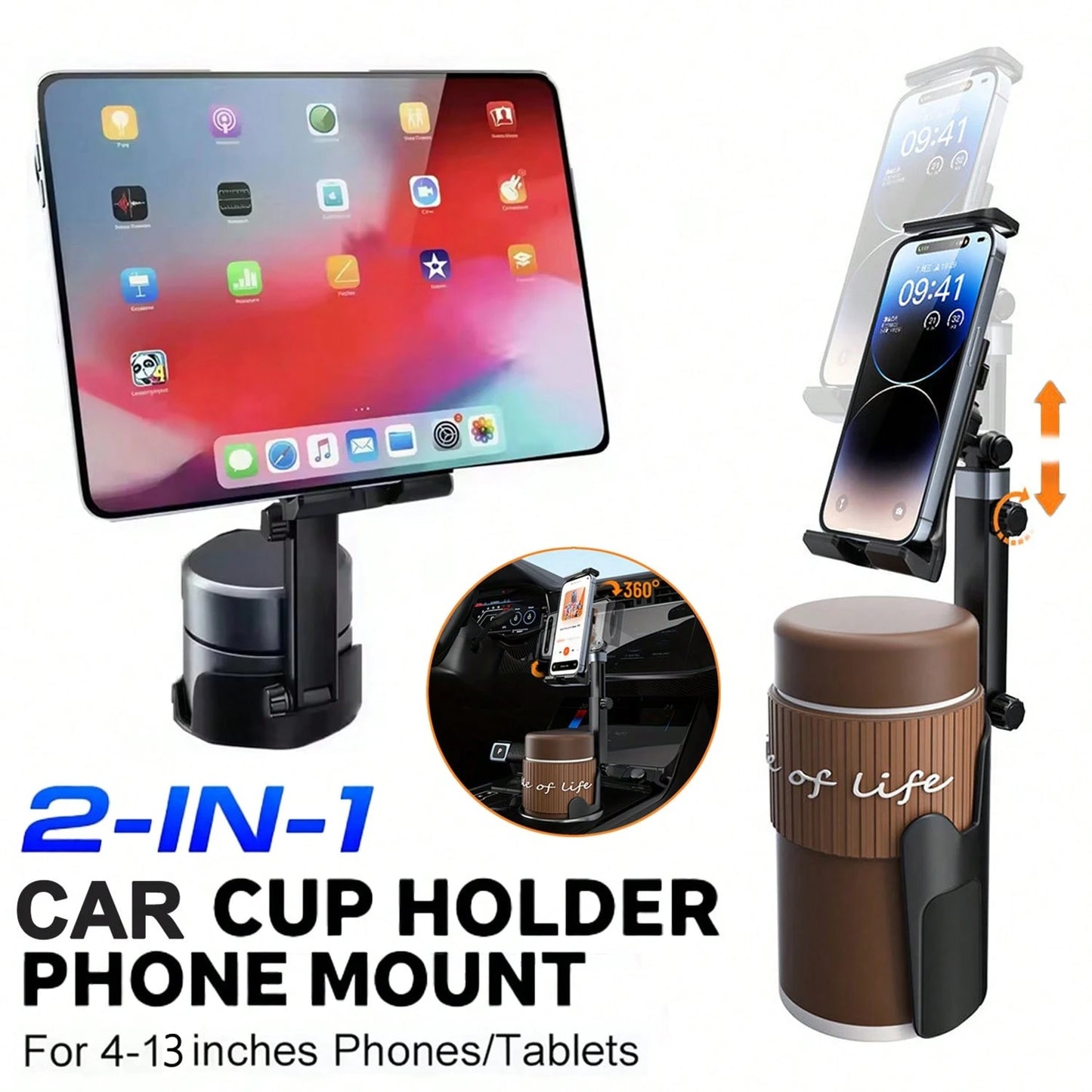 2-In-1 Car Cup Holder Phone & Tablet Mount, Adjustable Height & 360° Rotation, Universal Cup Holder Tablet Expander, Fits SUV, Truck, RV, Compatible With 3 To 4.3 Inch Diameter Cup Holders, Holiday Ca