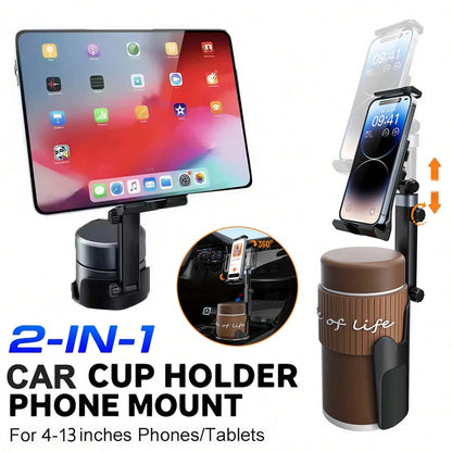 2-In-1 Car Cup Holder Phone & Tablet Mount, Adjustable Height & 360° Rotation, Universal Cup Holder Tablet Expander, Fits SUV, Truck, RV, Compatible With 3 To 4.3 Inch Diameter Cup Holders, Holiday Ca