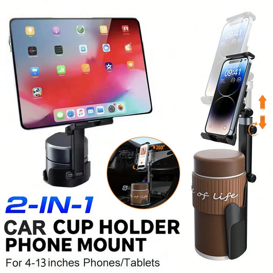 2-In-1 Car Cup Holder Phone & Tablet Mount, Adjustable Height & 360° Rotation, Universal Cup Holder Tablet Expander, Fits SUV, Truck, RV, Compatible With 3 To 4.3 Inch Diameter Cup Holders, Holiday Ca