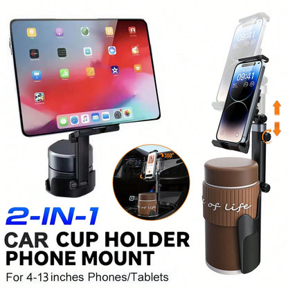 2-In-1 Car Cup Holder Phone & Tablet Mount, Adjustable Height & 360° Rotation, Universal Cup Holder Tablet Expander, Fits SUV, Truck, RV, Compatible With 3 To 4.3 Inch Diameter Cup Holders, Holiday Ca