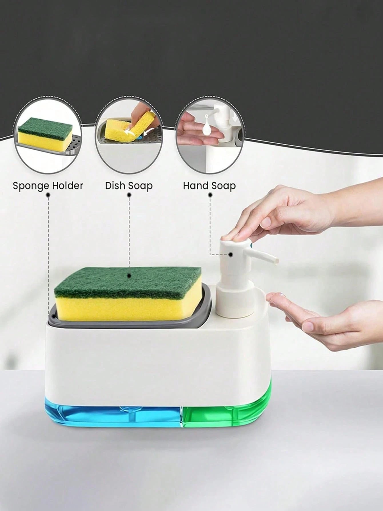 2-In-1 Soap Dispenser & Sponge Holder, Kitchen Dishwashing Liquid Pump Bottle, Multifunctional Cleaning Supplies Organizer For Kitchen And Bathroom