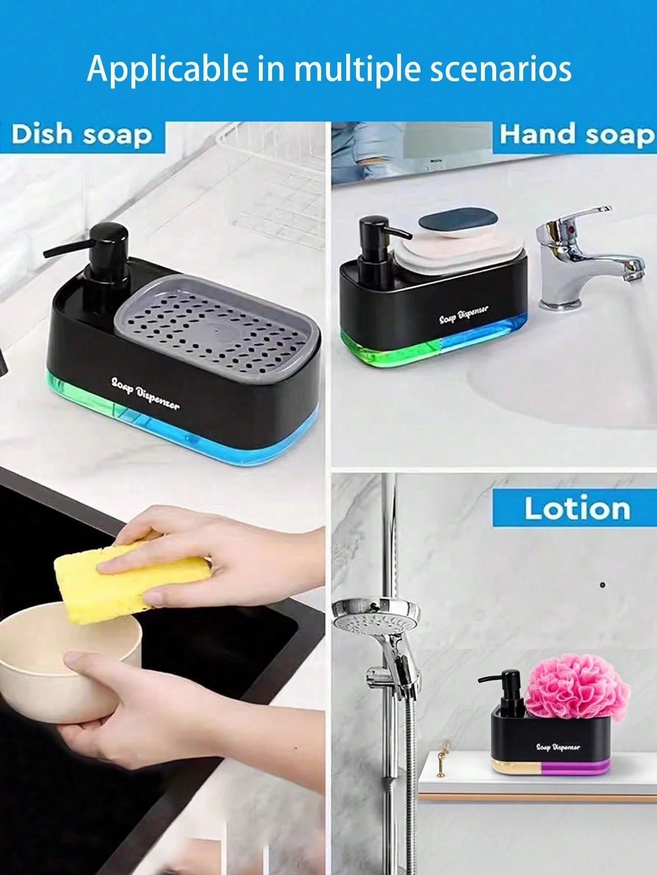 2-In-1 Soap Dispenser & Sponge Holder, Kitchen Dishwashing Liquid Pump Bottle, Multifunctional Cleaning Supplies Organizer For Kitchen And Bathroom