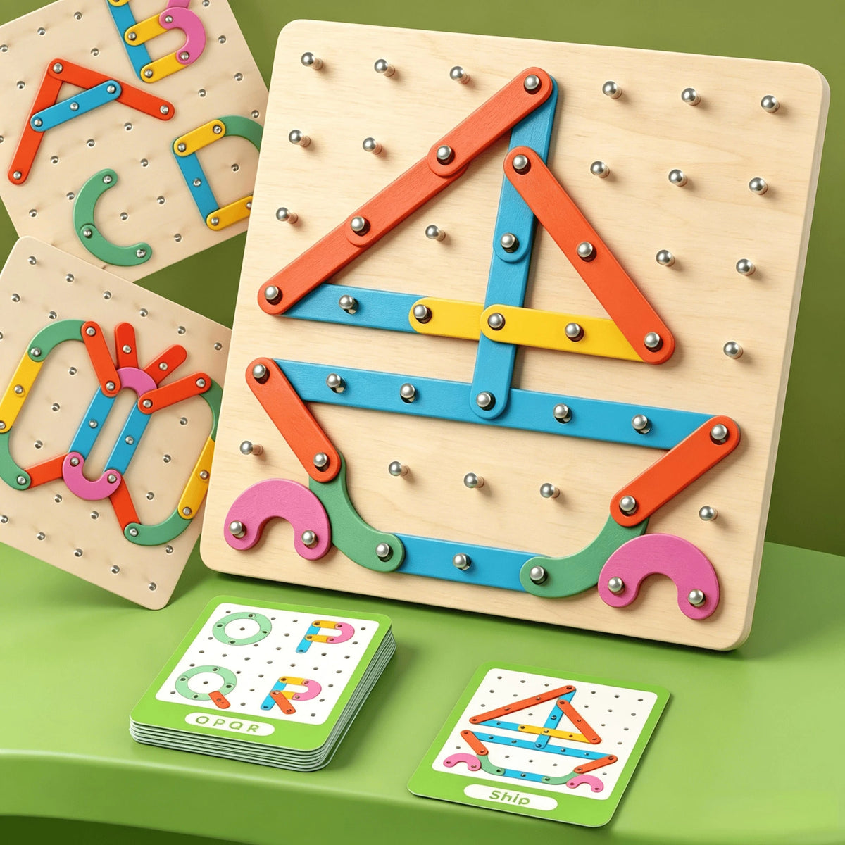 2-In-1 Wooden Shape Recognition Peg Board Game, Educational Pattern Cards Creative Children Toys