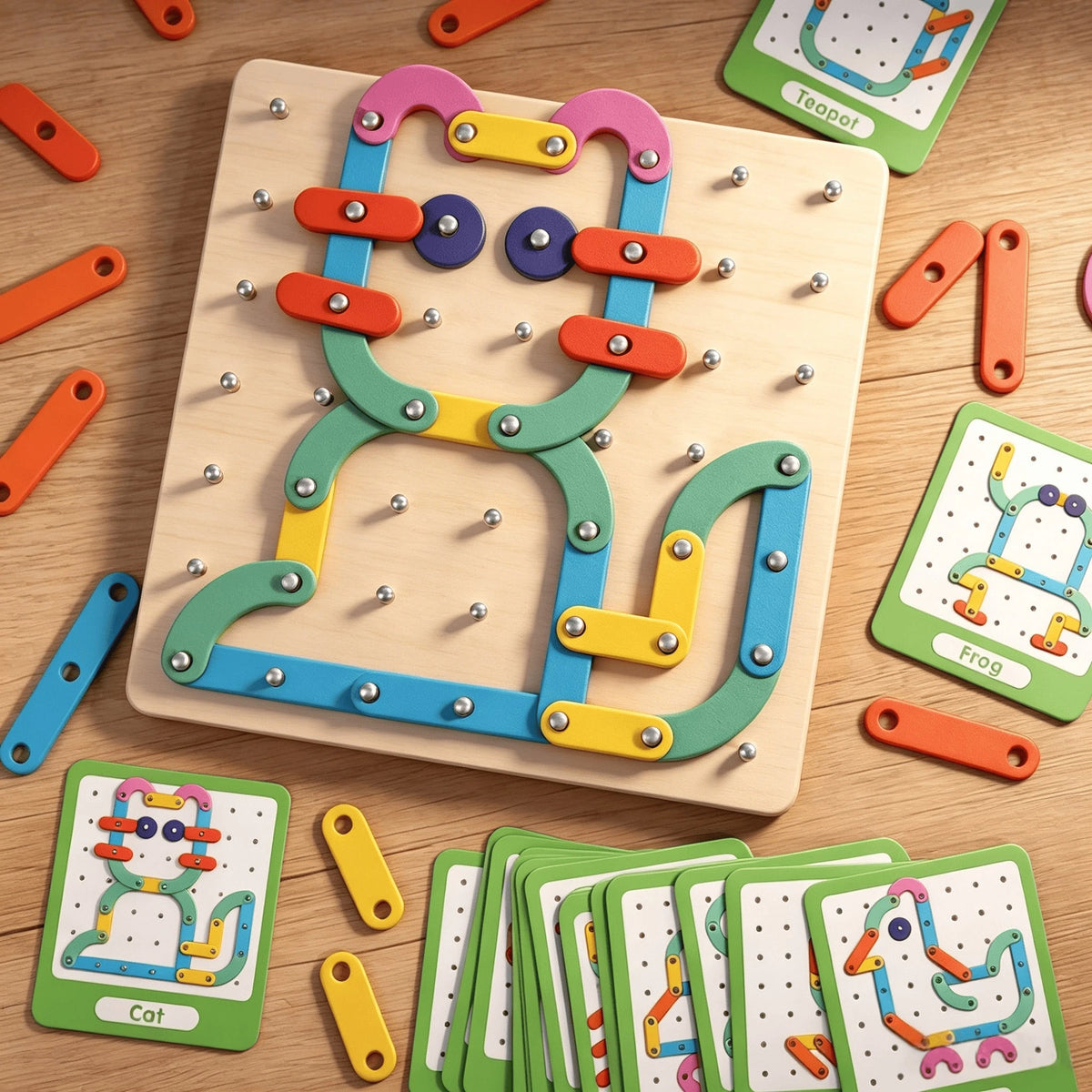 2-In-1 Wooden Shape Recognition Peg Board Game, Educational Pattern Cards Creative Children Toys