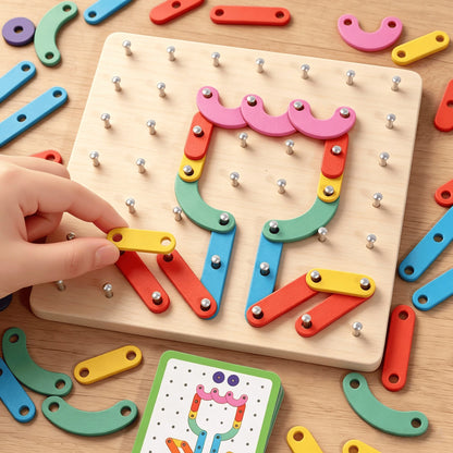 2-In-1 Wooden Shape Recognition Peg Board Game, Educational Pattern Cards Creative Children Toys