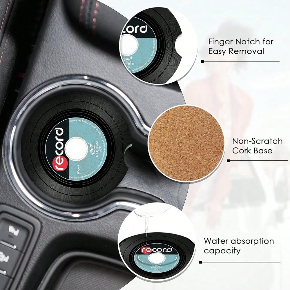2 Pack Car Coaster, Absorbent Ceramic Stone Cork Base Drink Coasters 2.6 Inch, Music Rock Roll Disco Beer Auto Accessories Cup Holders