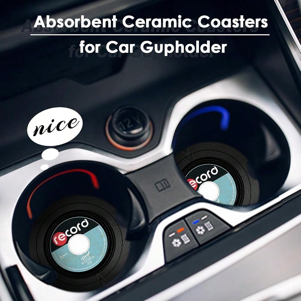 2 Pack Car Coaster, Absorbent Ceramic Stone Cork Base Drink Coasters 2.6 Inch, Music Rock Roll Disco Beer Auto Accessories Cup Holders