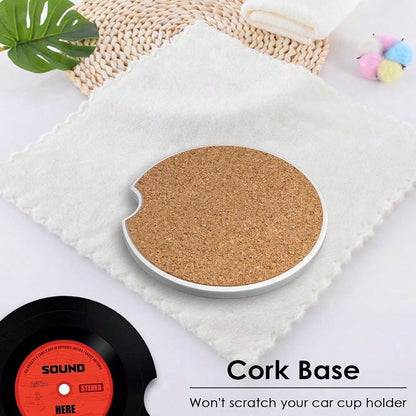 2 Pack Car Coaster, Absorbent Ceramic Stone Cork Base Drink Coasters 2.6 Inch, Music Rock Roll Disco Beer Auto Accessories Cup Holders