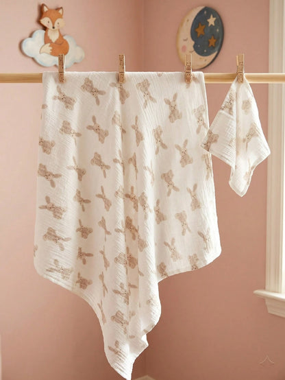 2-Pack Muslin Swaddle Blanket & Washcloth Set, 100% Cotton 40x40" Receiving Blanket, Soft Breathable Unisex Newborn Baby Shower Gift