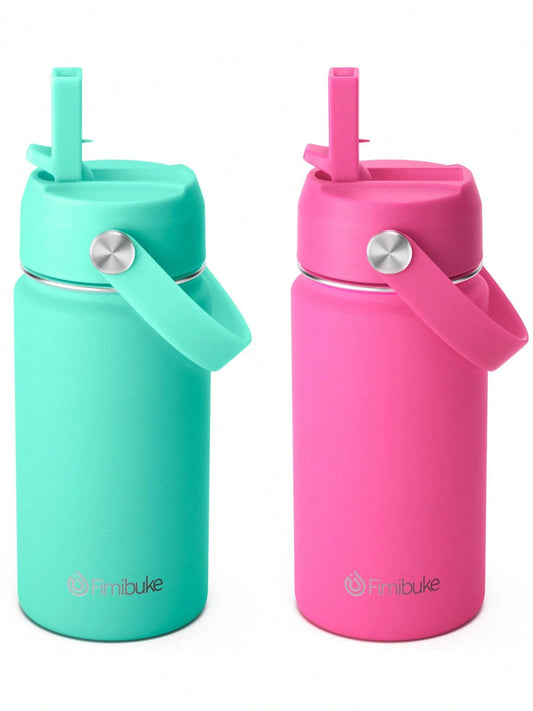 2 Packs 14oz Kids Water Bottle, 18/8 Stainless Steel Insulated Water Bottle Kids Cup With Straws Leak-Proof, Back To School