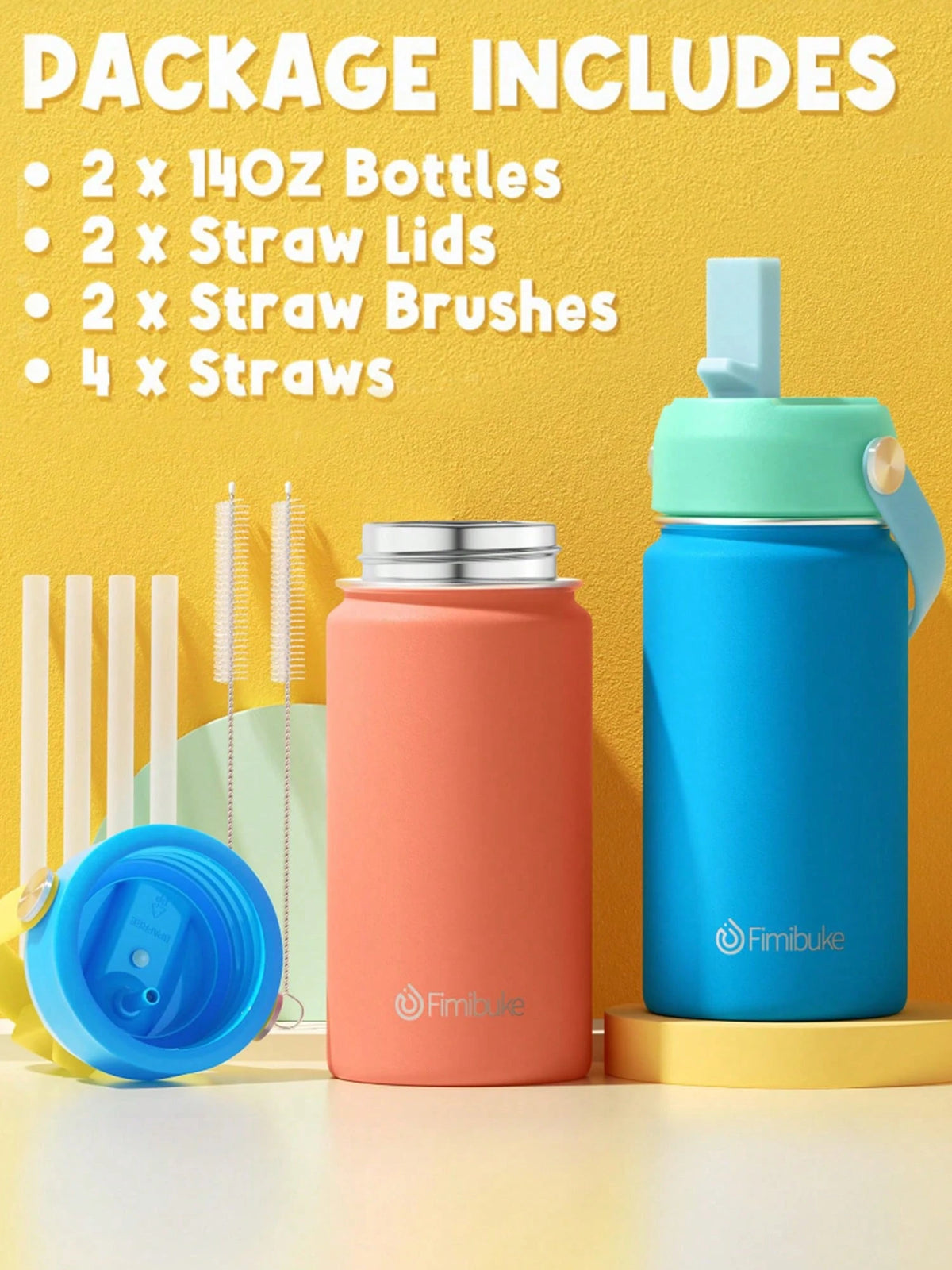 2 Packs 14oz Kids Water Bottle, 18/8 Stainless Steel Insulated Water Bottle Kids Cup With Straws Leak-Proof, Back To School