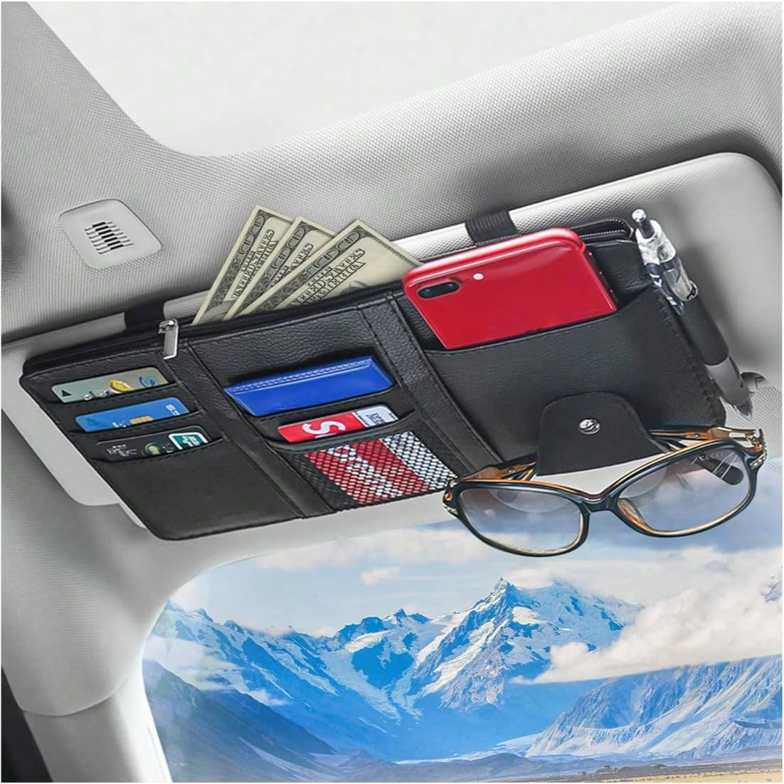 2 Packs Car Sun Visor Multi-Pocket Organizer For SUV & Truck, Auto Visor Storage Pouch With Big Zipper Pocket, Card Sleeve, Driving License, Insurance, Sunglasses, Pen, Key, Lipstick PU Leather Car Su