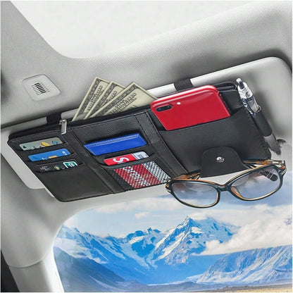 2 Packs Car Sun Visor Multi-Pocket Organizer For SUV & Truck, Auto Visor Storage Pouch With Big Zipper Pocket, Card Sleeve, Driving License, Insurance, Sunglasses, Pen, Key, Lipstick PU Leather Car Su