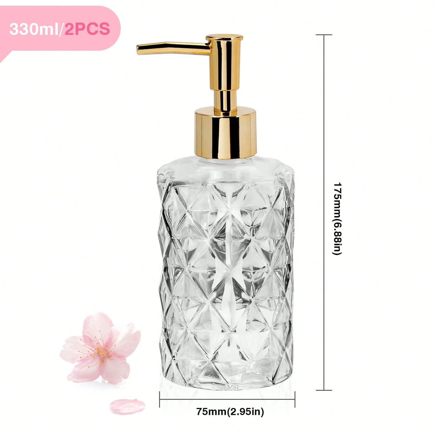 2 Pcs Glass Soap Dispenser,330 ML/11Oz Glass Soap Bottles With Plastic Pump,Refillable Hand Soap Dispenser Bottle For Kitchen, Bathroom, Laundry Room