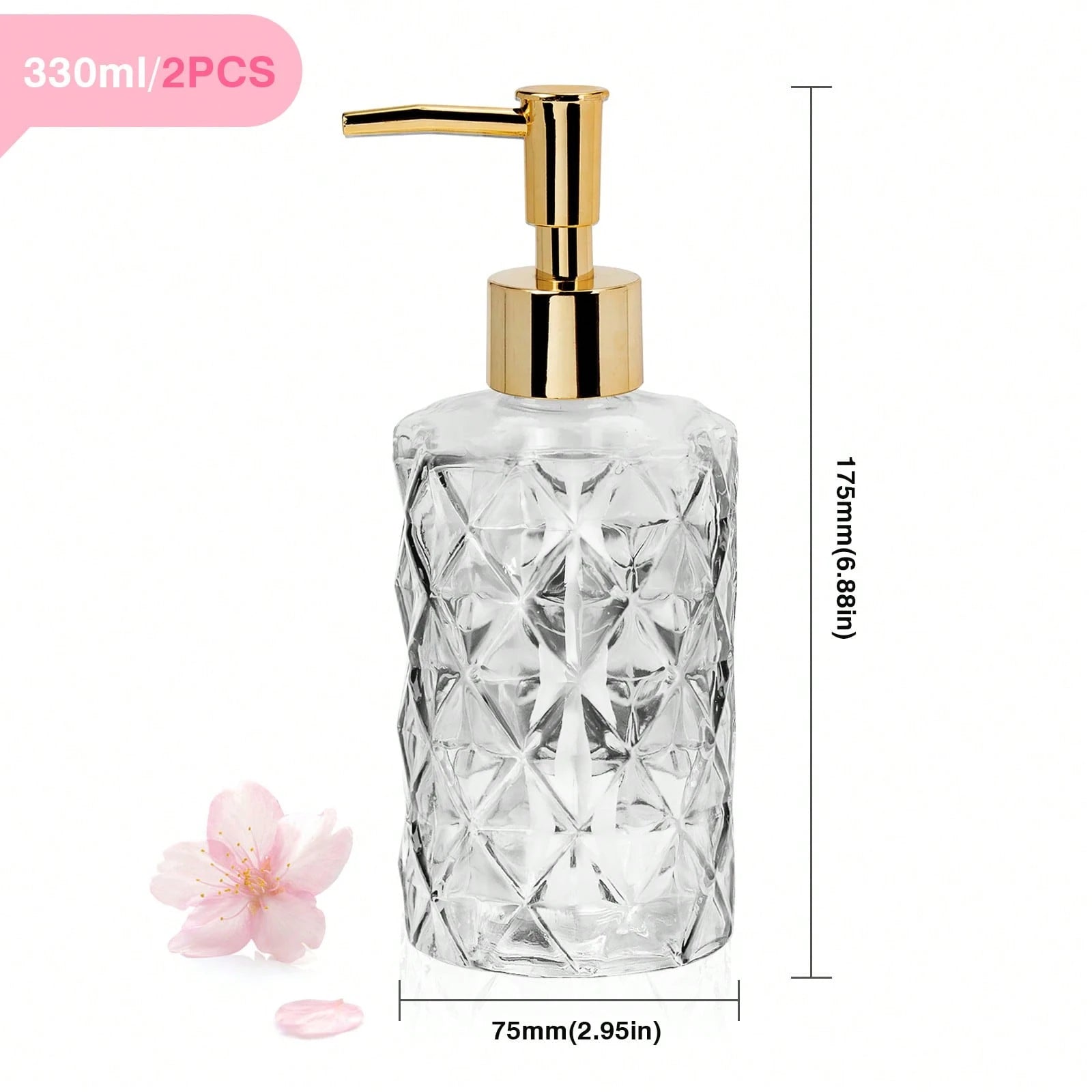 2 Pcs Glass Soap Dispenser,330 ML/11Oz Glass Soap Bottles With Plastic Pump,Refillable Hand Soap Dispenser Bottle For Kitchen, Bathroom, Laundry Room