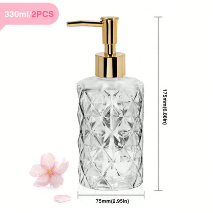 2 Pcs Glass Soap Dispenser,330 ML/11Oz Glass Soap Bottles With Plastic Pump,Refillable Hand Soap Dispenser Bottle For Kitchen, Bathroom, Laundry Room