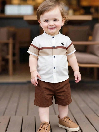 2-Piece Baby Boys' Summer Outfit, Striped Collar Short-Sleeve Cardigan Top & Solid Elastic-Waist Shorts Set, Casual School And Outing Wear