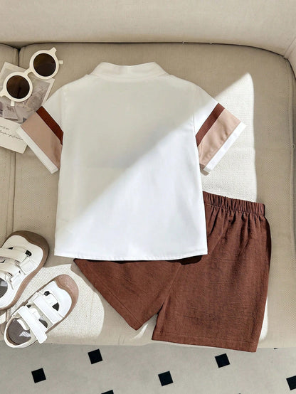 2-Piece Baby Boys' Summer Outfit, Striped Collar Short-Sleeve Cardigan Top & Solid Elastic-Waist Shorts Set, Casual School And Outing Wear