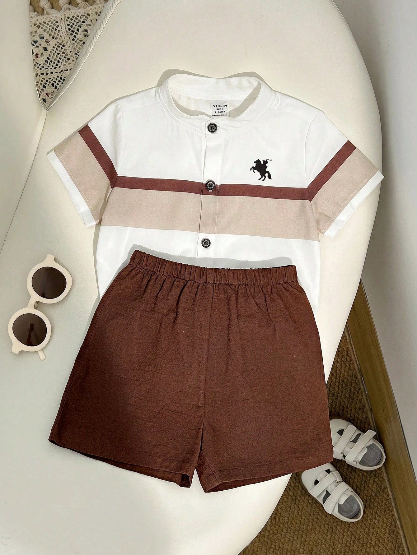 2-Piece Baby Boys' Summer Outfit, Striped Collar Short-Sleeve Cardigan Top & Solid Elastic-Waist Shorts Set, Casual School And Outing Wear