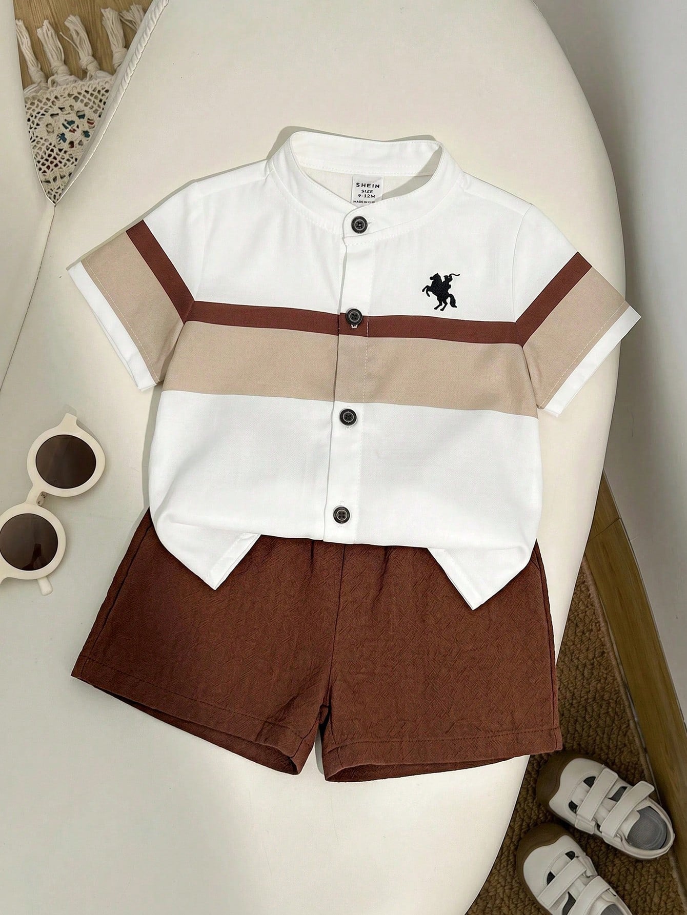 2-Piece Baby Boys' Summer Outfit, Striped Collar Short-Sleeve Cardigan Top & Solid Elastic-Waist Shorts Set, Casual School And Outing Wear