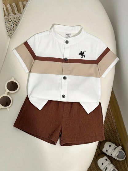 2-Piece Baby Boys' Summer Outfit, Striped Collar Short-Sleeve Cardigan Top & Solid Elastic-Waist Shorts Set, Casual School And Outing Wear
