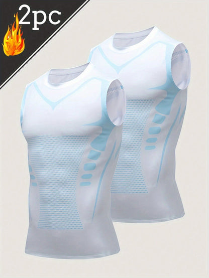 2 Pieces Of Summer Men's Sports Vests- Ion Shaping Sleeveless T-Shirts, Round-Neck Short-Sleeved T-Shirt Vests In Black, White And Gray, Tight Training Elastic Waistcoat Tops, Shaping T-Shirt-Style B