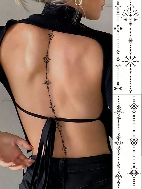 2 Sheets Sexy Line Style Body Art Tattoo Stickers, Can Be Used On The Back, Waist, Spine And More, With Black Geometric Patterns And Symbol Patterns. Waterproof Fake Tattoo, Lasts 2-5 Days, Can Be App