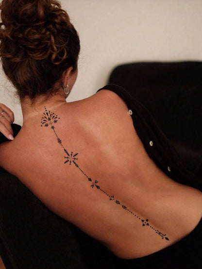 2 Sheets Sexy Line Style Body Art Tattoo Stickers, Can Be Used On The Back, Waist, Spine And More, With Black Geometric Patterns And Symbol Patterns. Waterproof Fake Tattoo, Lasts 2-5 Days, Can Be App