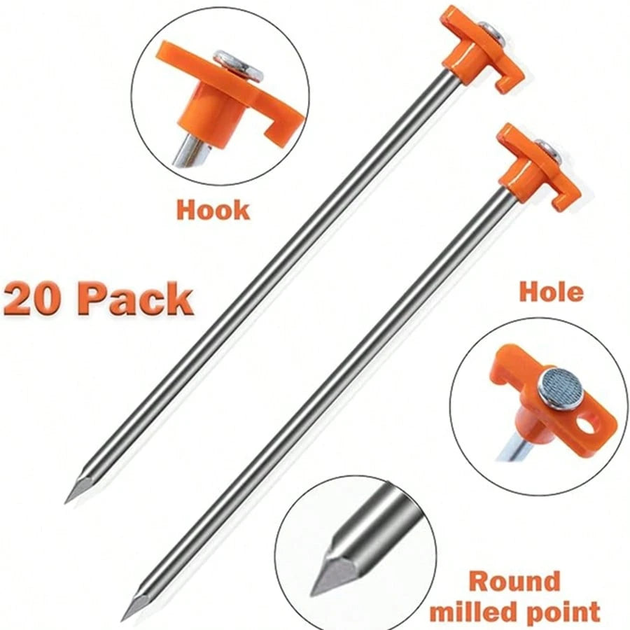 20 Pack Tent Stakes Heavy Duty, 10.25 Inch Yard Stakes Non-Rust Metal Tent Pegs Ground Stakes Tent Spikes For Camping Patio, Garden, Canopies, Grassland, Outdoor, Orange
