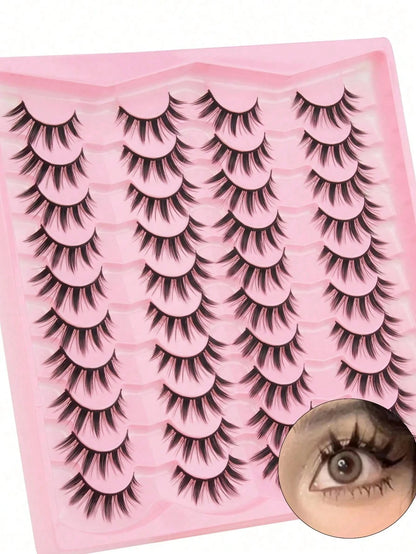 20 Pairs Manga Thick Lashes Natural Long Cosplay Makeup Cross Big Eye Effect Dramatic Full Strip Lashes/Manga Style False Lashes, 16mm Natural Look Doll Lashes For Halloween/Party/Christmas Makeup Str