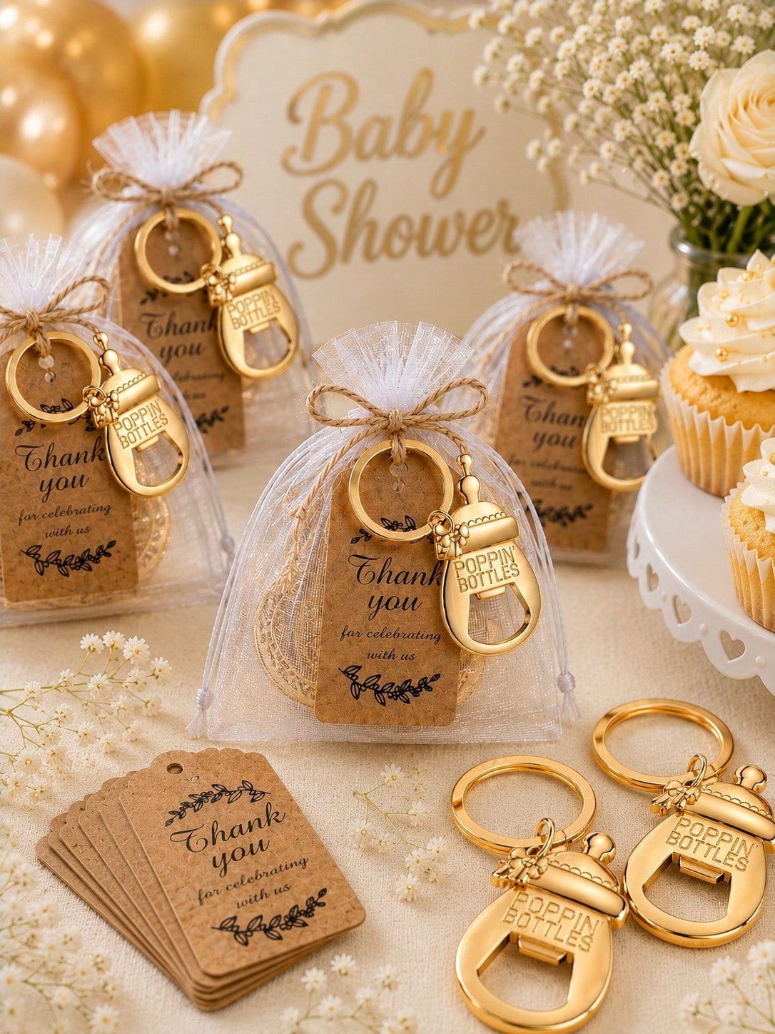 20 Sets Gold Bottle Opener Keychain Set, Baby Shower Party Supplies, Baby Shower Guest Favors, Baby Shower Party Gifts, Gender Reveal Party Supplies