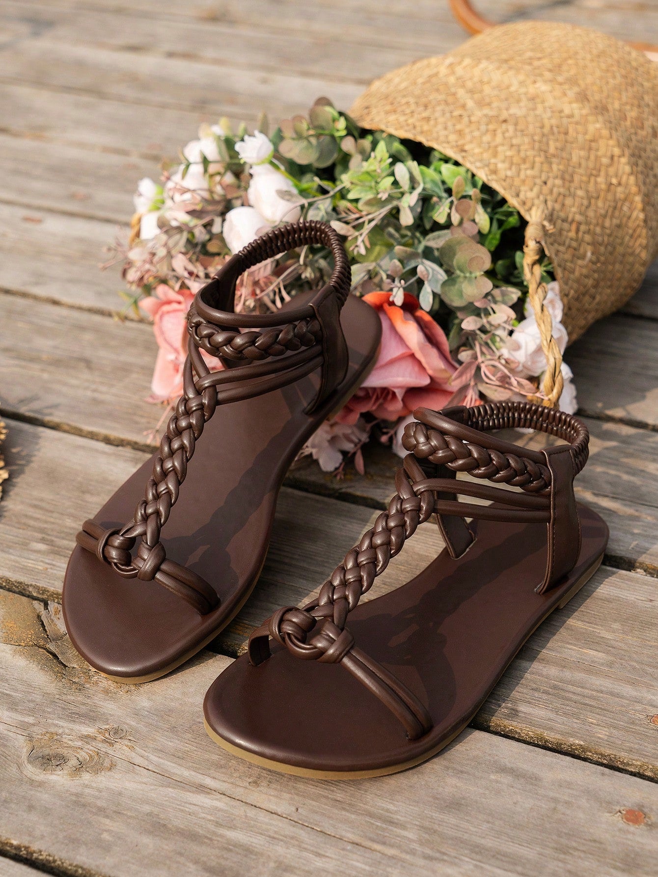 2024 New Summer Women Deep Brown Woven Braided Strappy Beach Flat Sandals,Holiday Essential