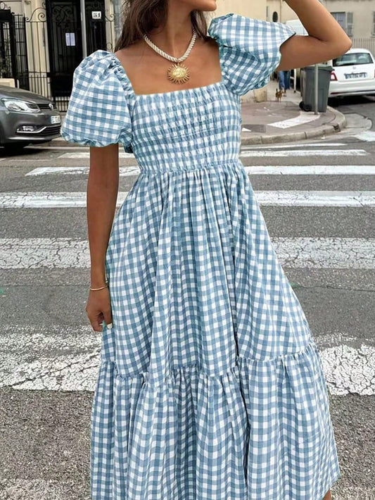 2026 Autumn Women's Plaid Elegant Bohemian Casual Elegant Outing Date Holiday Waist-Cinching Puff Sleeve Ruffle Pleated Dress, Birthday Outfit Summer