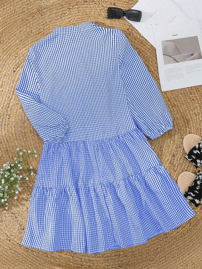 2026 European And American Hot-Selling Loose Plaid Autumn 3/4 Sleeve Stand Collar Shirt Dress, Cute Casual Woven Fabric With Ruffle Hem And Buttons, Elegant For Holiday, Home, Daily, Birthday, Party