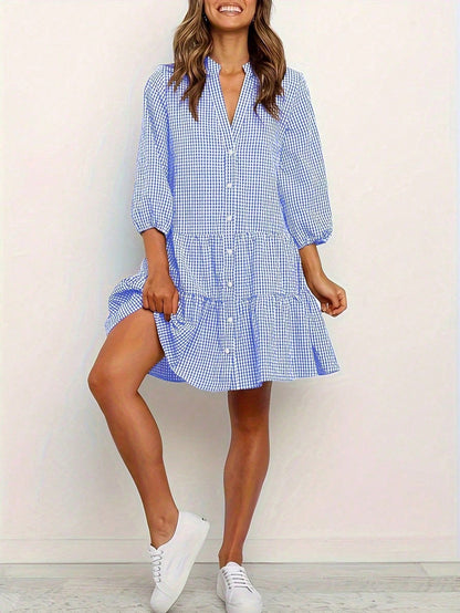 2026 European And American Hot-Selling Loose Plaid Autumn 3/4 Sleeve Stand Collar Shirt Dress, Cute Casual Woven Fabric With Ruffle Hem And Buttons, Elegant For Holiday, Home, Daily, Birthday, Party