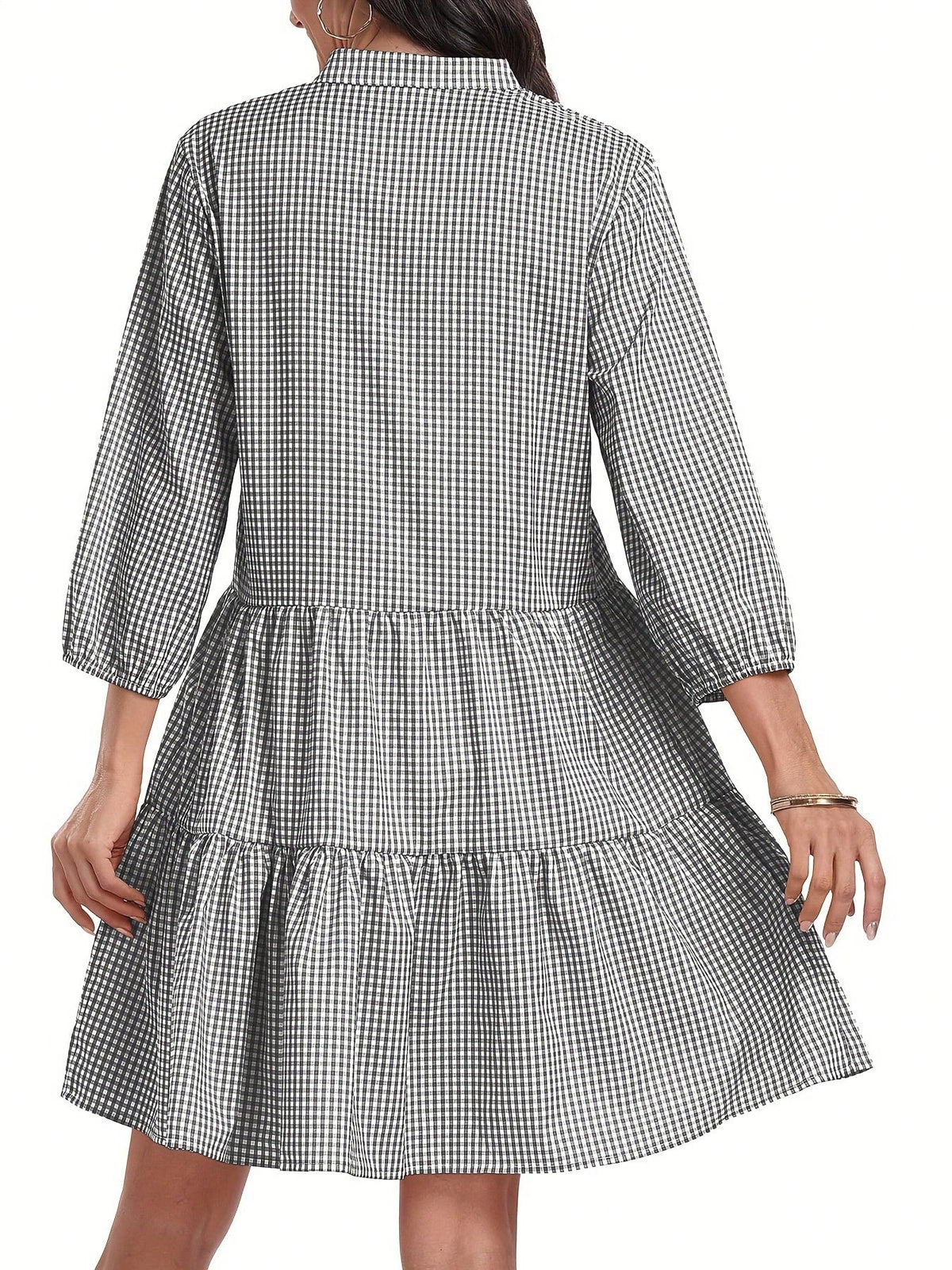 2026 European And American Hot-Selling Loose Plaid Autumn 3/4 Sleeve Stand Collar Shirt Dress, Cute Casual Woven Fabric With Ruffle Hem And Buttons, Elegant For Holiday, Home, Daily, Birthday, Party
