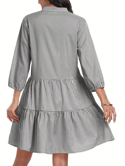 2026 European And American Hot-Selling Loose Plaid Autumn 3/4 Sleeve Stand Collar Shirt Dress, Cute Casual Woven Fabric With Ruffle Hem And Buttons, Elegant For Holiday, Home, Daily, Birthday, Party