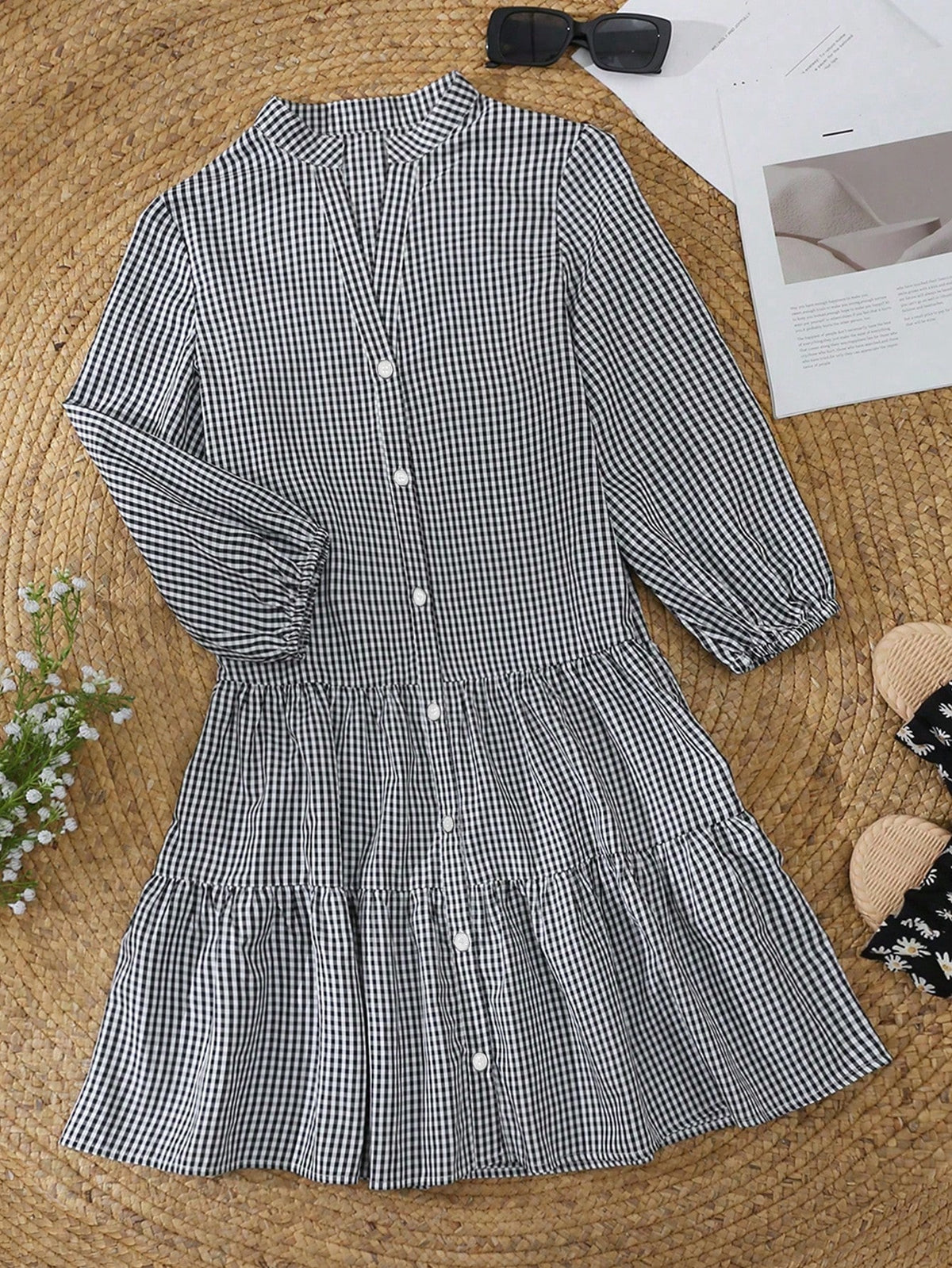 2026 European And American Hot-Selling Loose Plaid Autumn 3/4 Sleeve Stand Collar Shirt Dress, Cute Casual Woven Fabric With Ruffle Hem And Buttons, Elegant For Holiday, Home, Daily, Birthday, Party