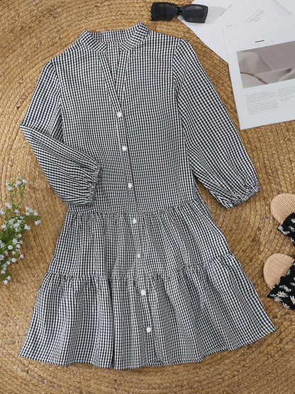 2026 European And American Hot-Selling Loose Plaid Autumn 3/4 Sleeve Stand Collar Shirt Dress, Cute Casual Woven Fabric With Ruffle Hem And Buttons, Elegant For Holiday, Home, Daily, Birthday, Party
