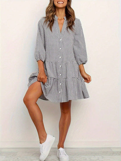 2026 European And American Hot-Selling Loose Plaid Autumn 3/4 Sleeve Stand Collar Shirt Dress, Cute Casual Woven Fabric With Ruffle Hem And Buttons, Elegant For Holiday, Home, Daily, Birthday, Party
