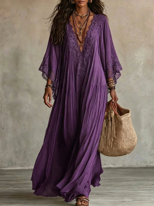 2026 European And American Women's Fashion Lace Patchwork V-Neck Long Dress With Bat Sleeves, Holiday Beach Dress