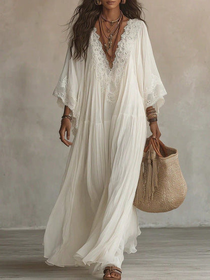 2026 European And American Women's Fashion Lace Patchwork V-Neck Long Dress With Bat Sleeves, Holiday Beach Dress