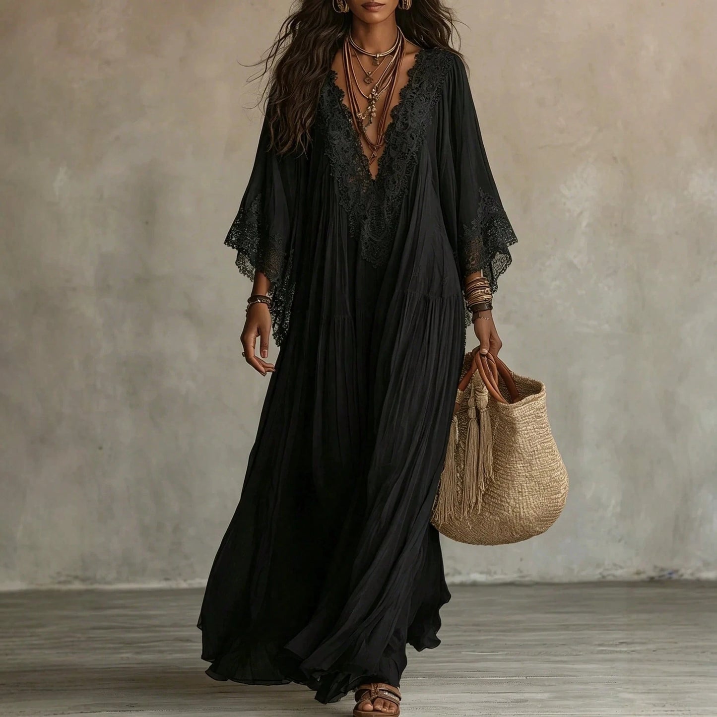 2026 European And American Women's Fashion Lace Patchwork V-Neck Long Dress With Bat Sleeves, Holiday Beach Dress
