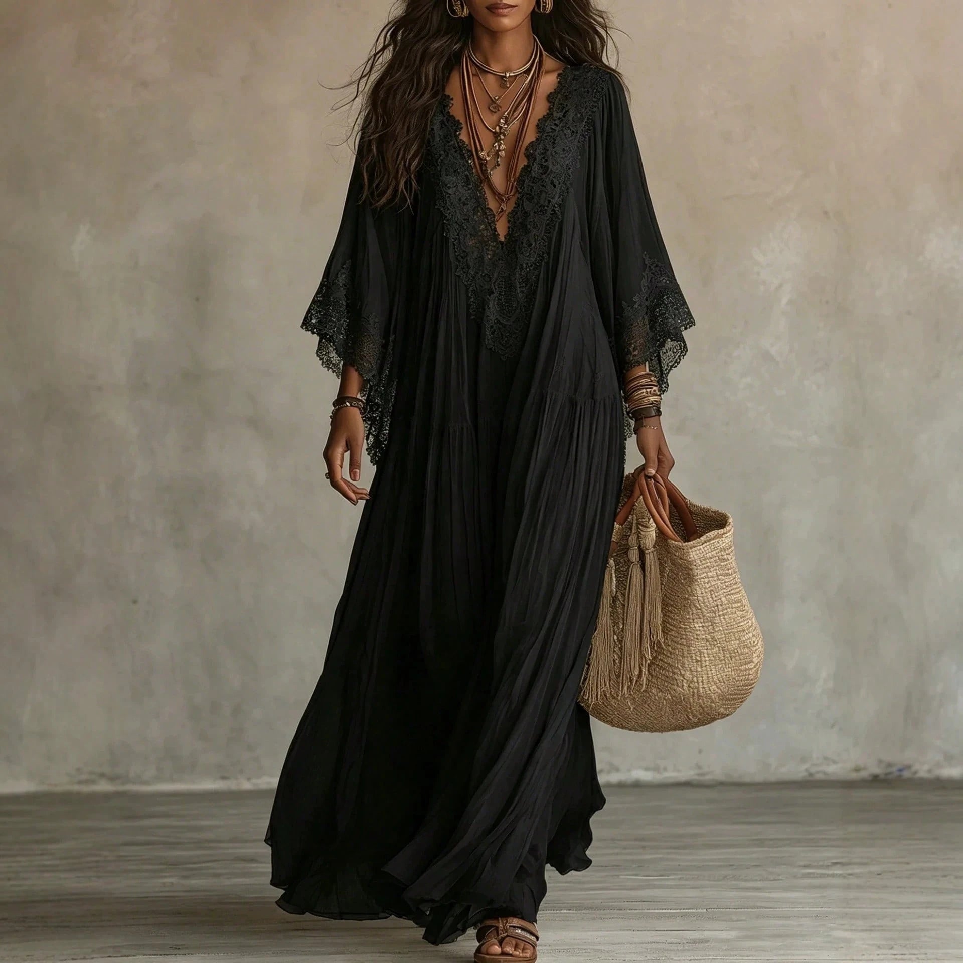 2026 European And American Women's Fashion Lace Patchwork V-Neck Long Dress With Bat Sleeves, Holiday Beach Dress