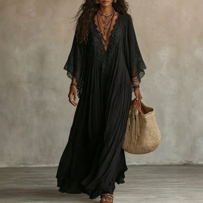 2026 European And American Women's Fashion Lace Patchwork V-Neck Long Dress With Bat Sleeves, Holiday Beach Dress