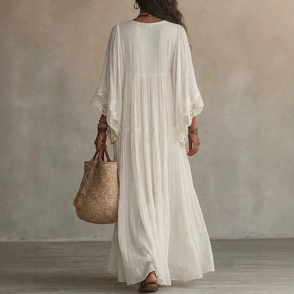 2026 European And American Women's Fashion Lace Patchwork V-Neck Long Dress With Bat Sleeves, Holiday Beach Dress