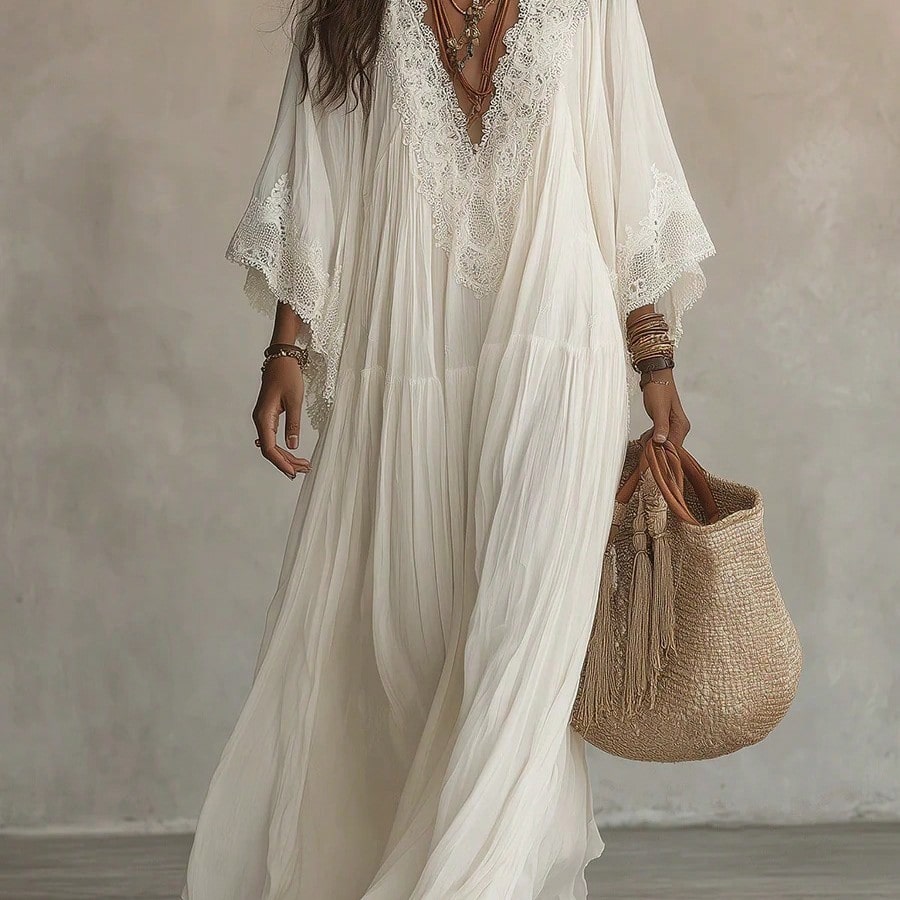 2026 European And American Women's Fashion Lace Patchwork V-Neck Long Dress With Bat Sleeves, Holiday Beach Dress
