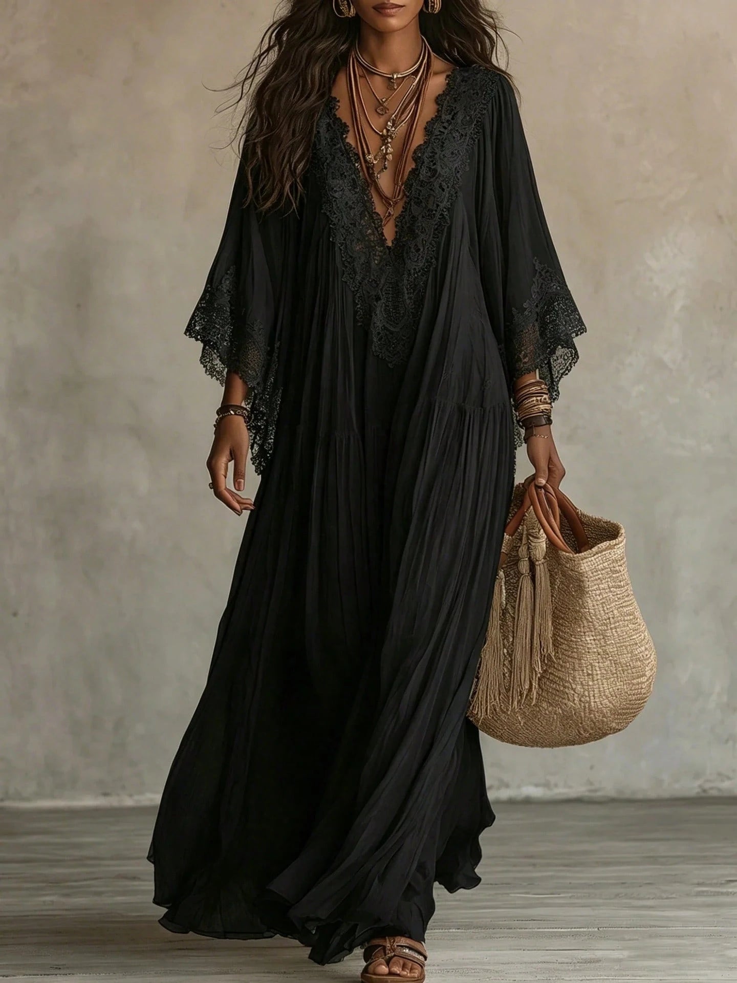 2026 European And American Women's Fashion Lace Patchwork V-Neck Long Dress With Bat Sleeves, Holiday Beach Dress