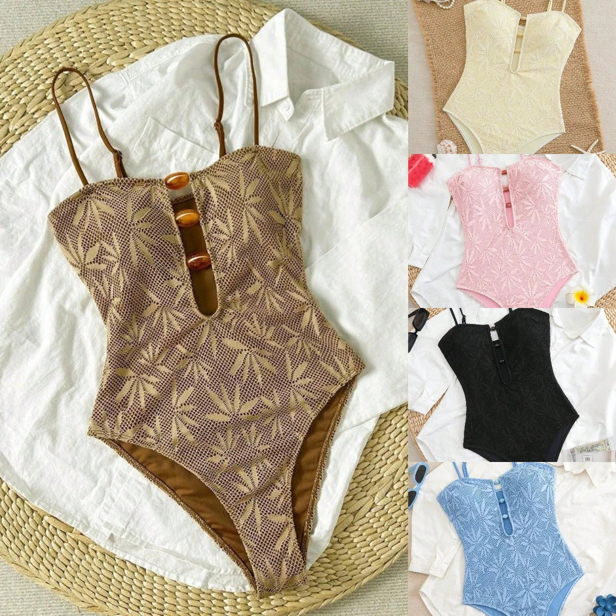 2026 Hot Bohemian Summer Vacation Spaghetti Strap Open Back One Piece Swimsuit Women Special Fabric Beach Bathing Suit