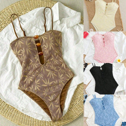 2026 Hot Bohemian Summer Vacation Spaghetti Strap Open Back One Piece Swimsuit Women Special Fabric Beach Bathing Suit